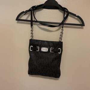 Michael Kors Fulton Crossbody Bag, Black Monogram Logo, Silver Hardware